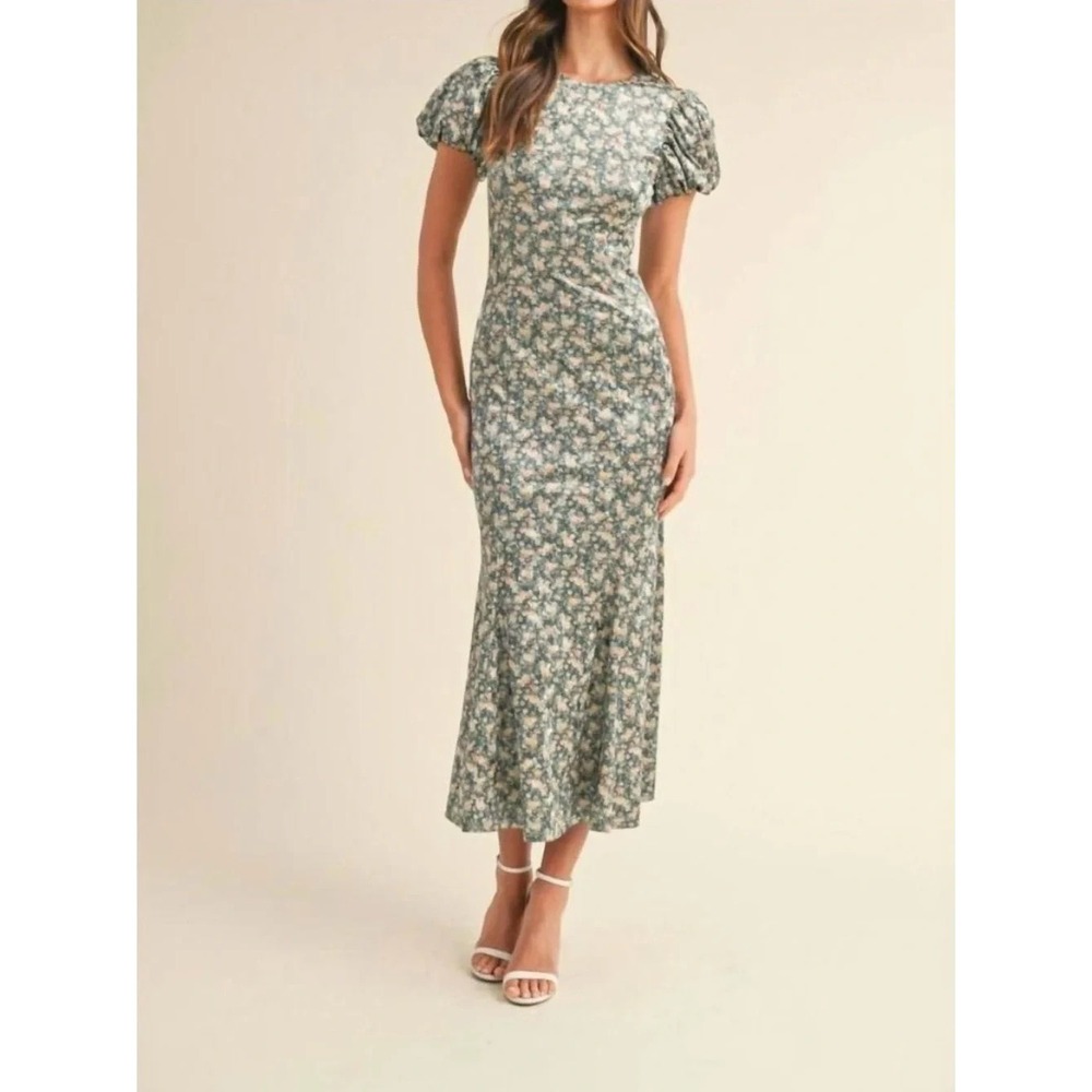 MABLE Dress Small Green Floral Velvet Puff Sleeve Midi Cottagecore Romantic